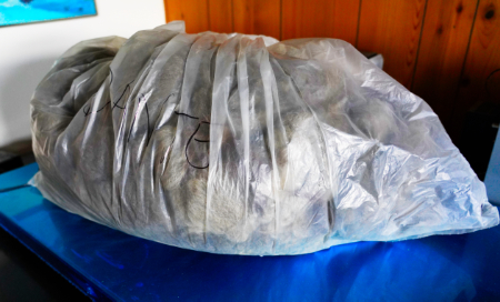 a bag of fiber sitting on a scale being weighed