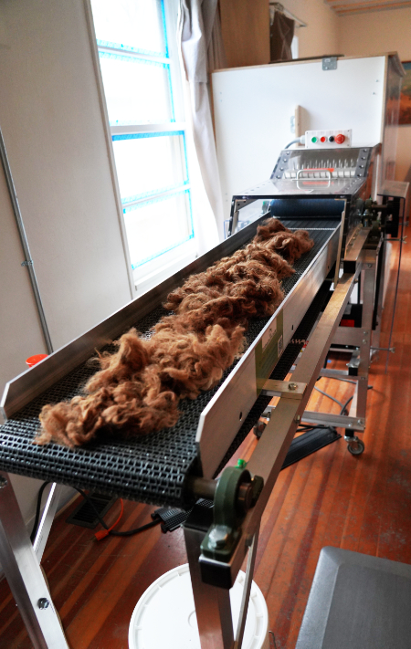 brown fiber on the conveyor belt of the power picker